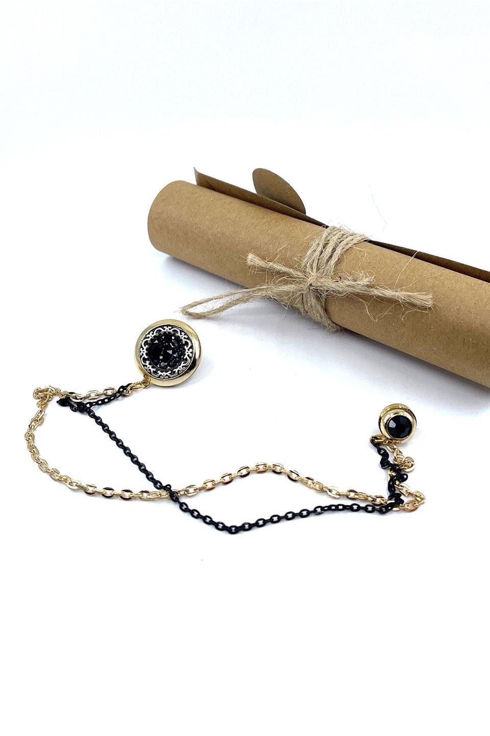 Altın Renk Siyah Zİncirli Ceket Yaka İğnesi YI398