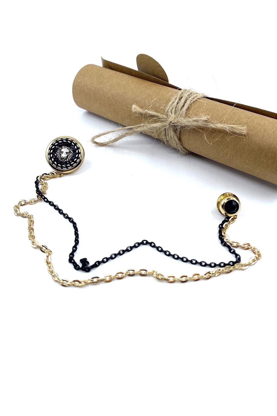 Altın Renk Siyah Zİncirli Ceket Yaka İğnesi YI396