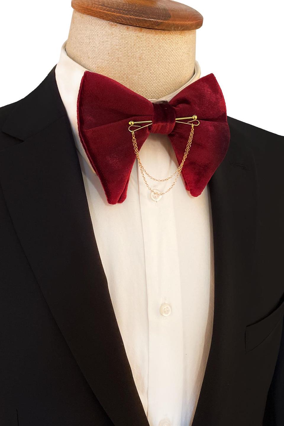 Altın Renk Zincirli Bordo Kadife Büyük Papyon  P1403 