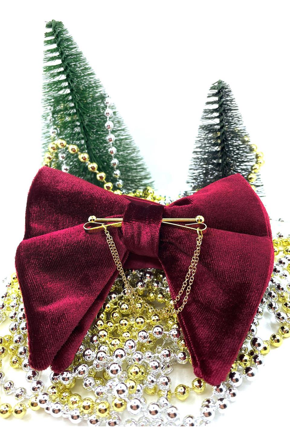 Altın Renk Zincirli Bordo Kadife Büyük Papyon  P1403 