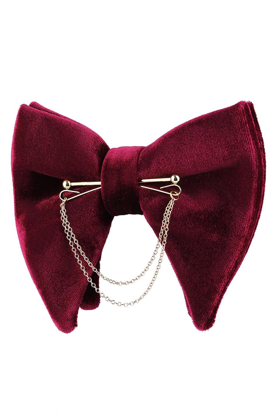 Altın Renk Zincirli Bordo Kadife Büyük Papyon  P1403 