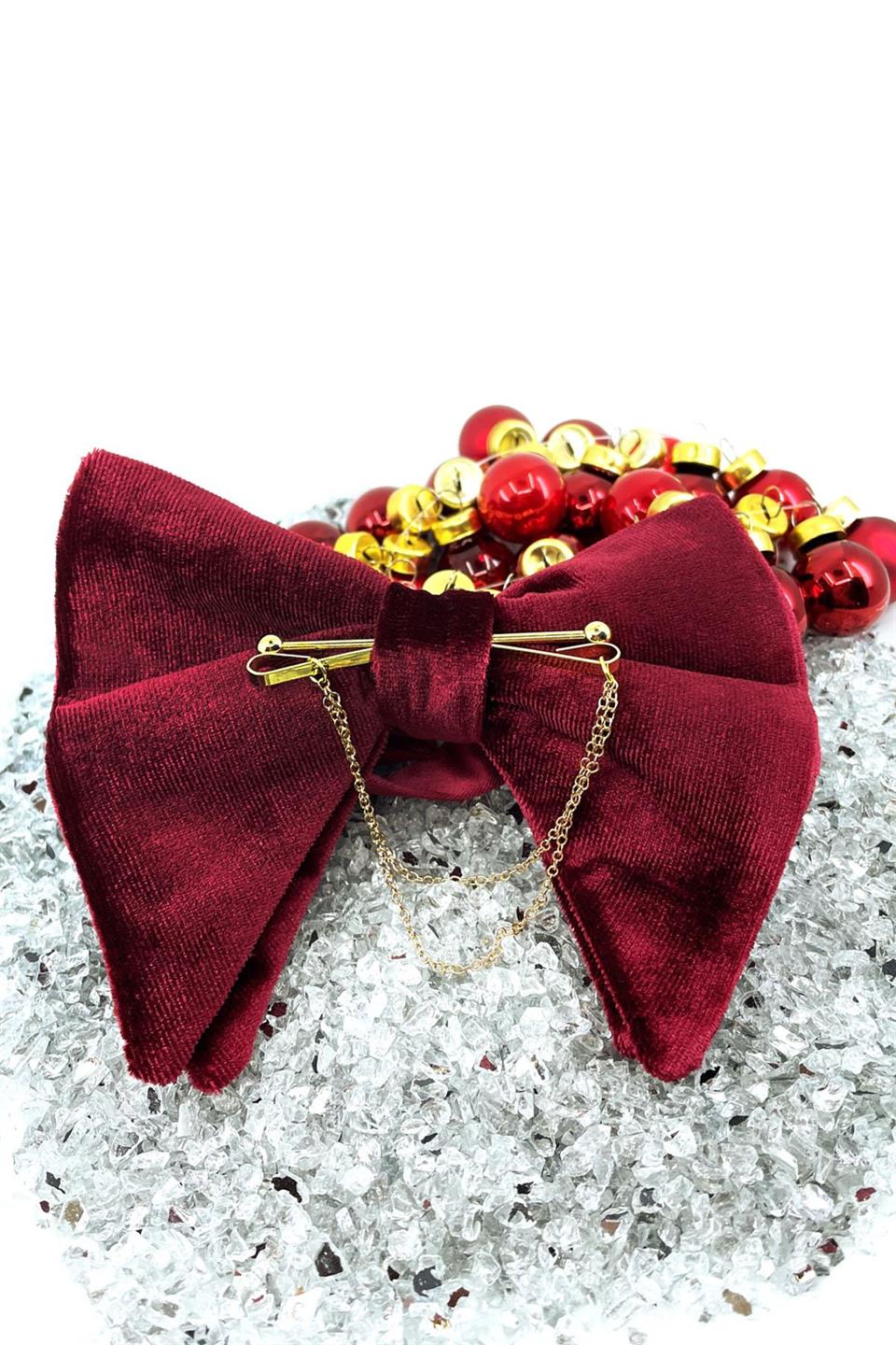 Altın Renk Zincirli Bordo Kadife Büyük Papyon  P1403 