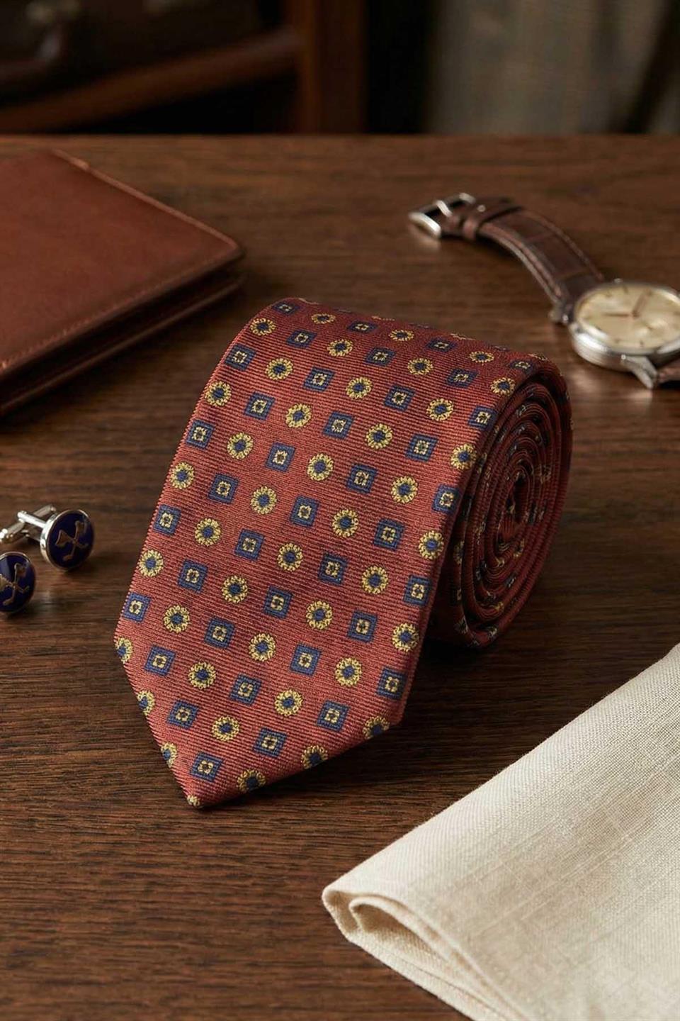 Arosio Style Kiremit Motif Desen İtalyan İpek Kravat İK2233