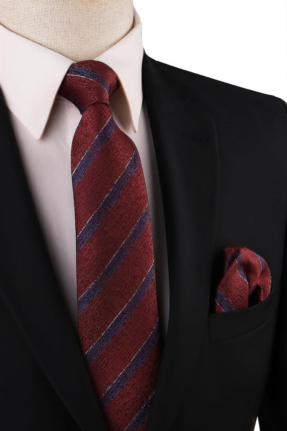 Bakır - Kahve Ekose Desen Mendilli Klasik Kravat KK10761