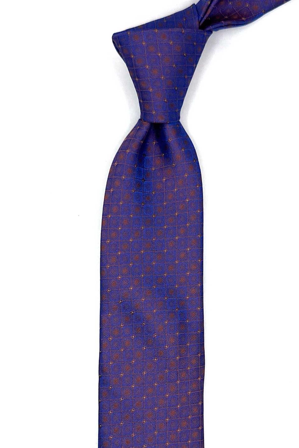 Bakır - Mavi Kare Desen Slim Kravat SK7976