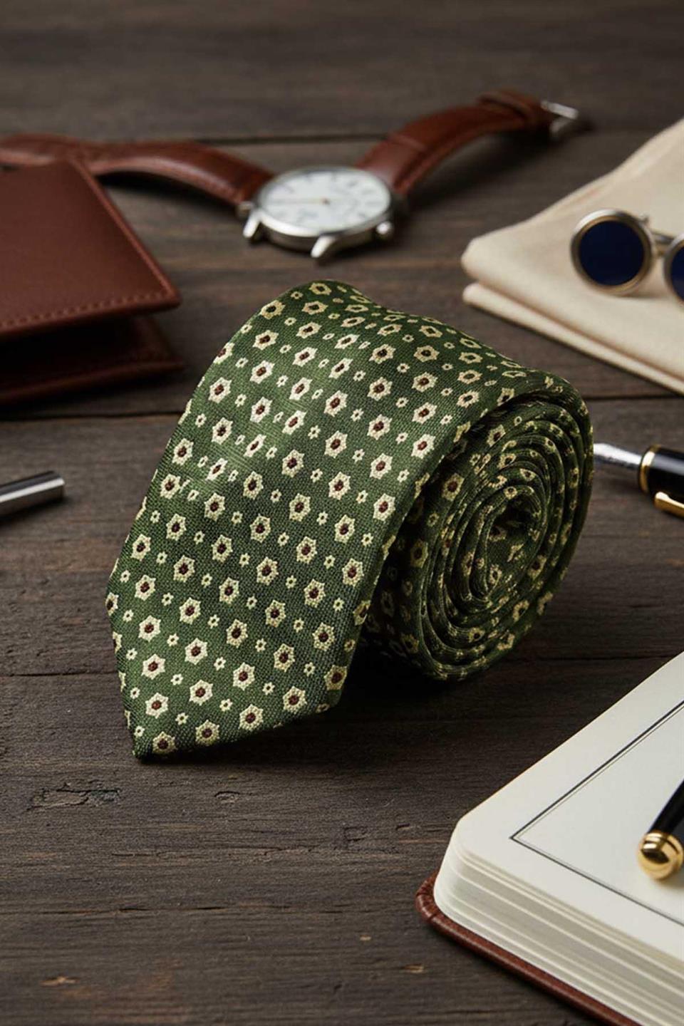 Barrel Style Haki Motif Desen İtalyan İpek Kravat İK2225