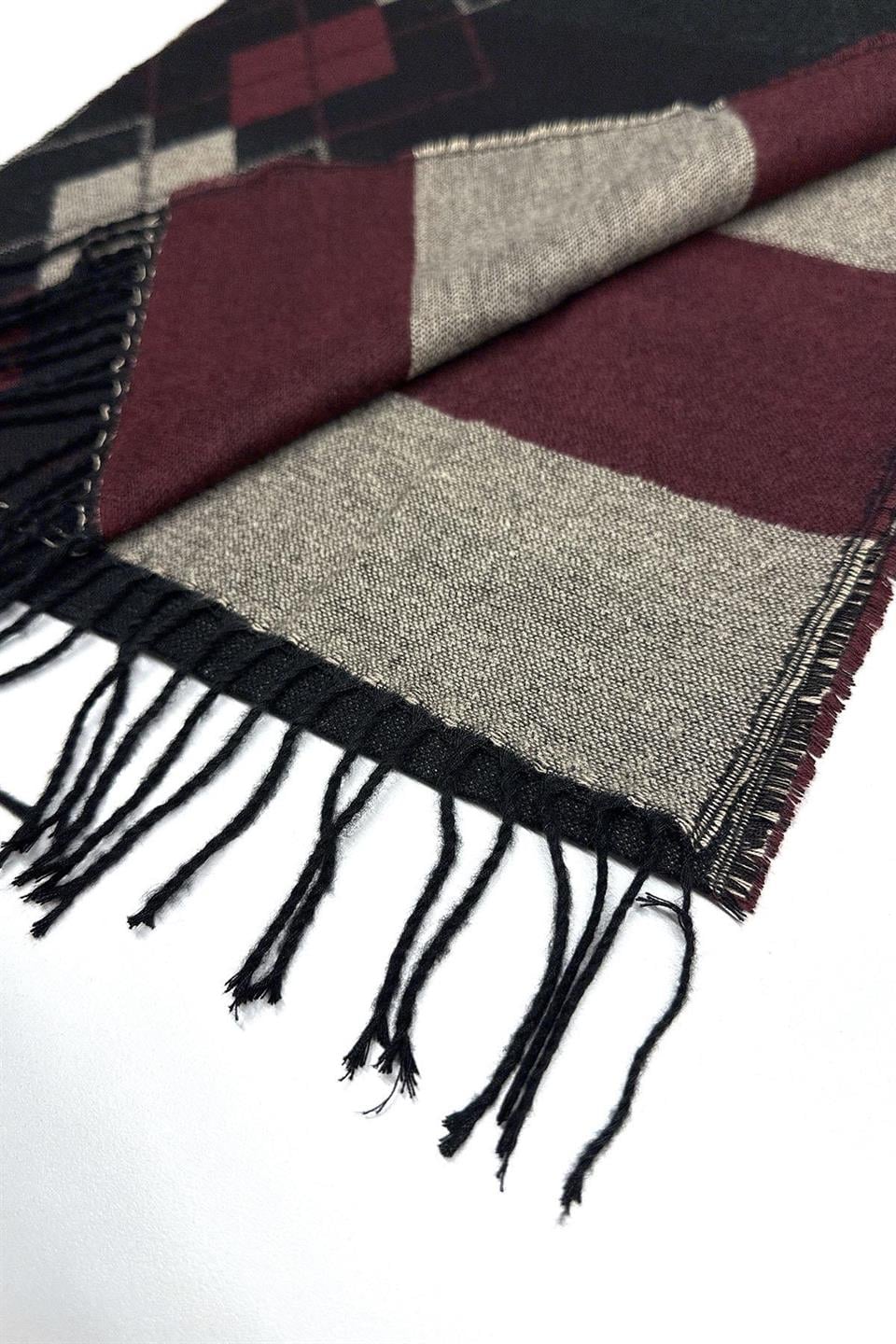 Bej - Bordo Baklava Desen Erkek Kaşkol K533