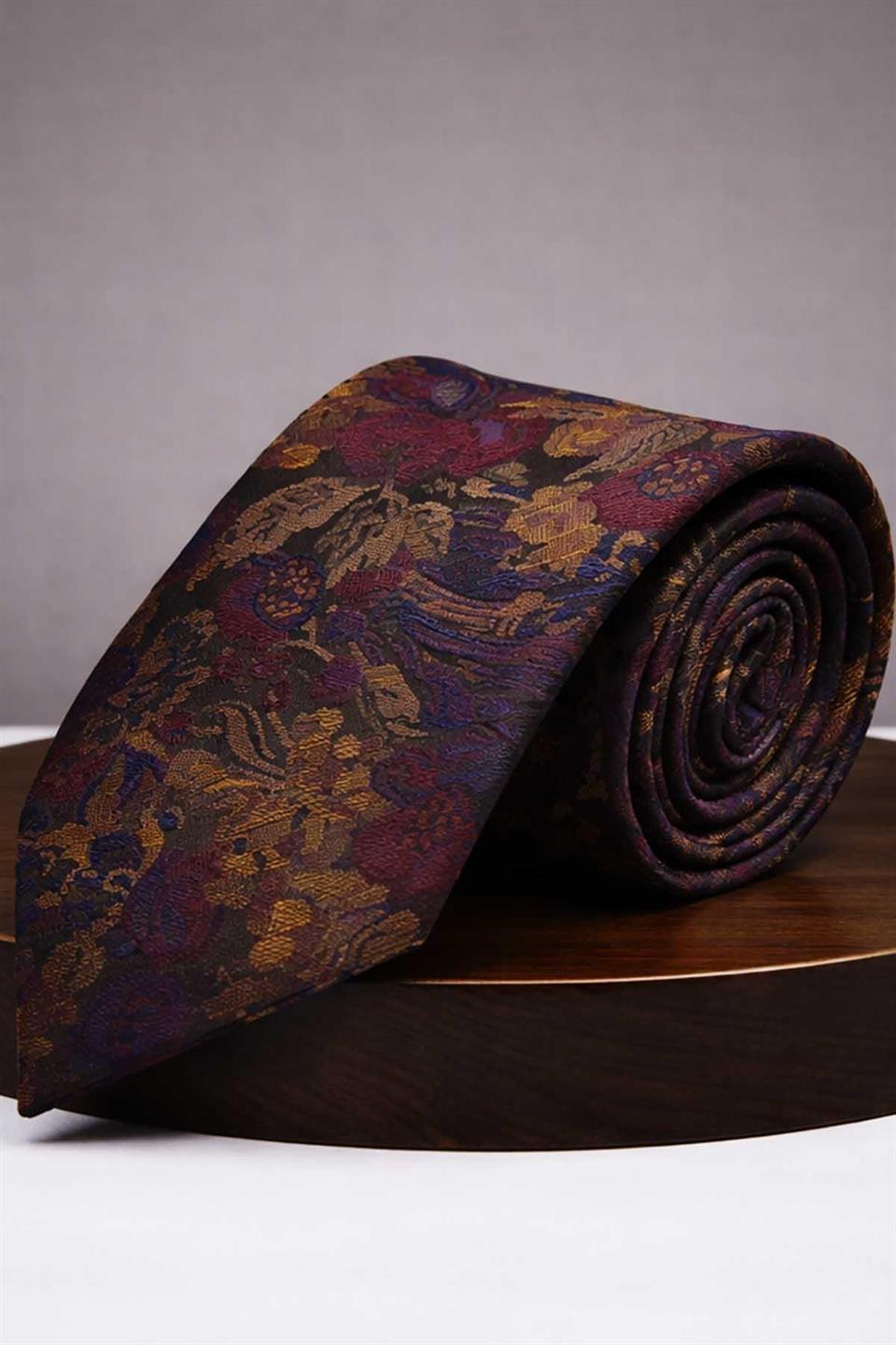 Bej - Bordo Çiçek Kravat