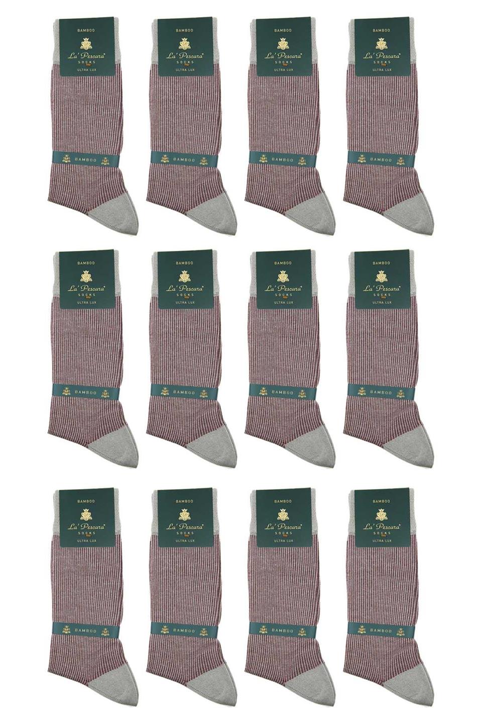 Bej - Bordo Çizgi Desen 12li Ultra Lüks Bambu Erkek Çorap CRP306