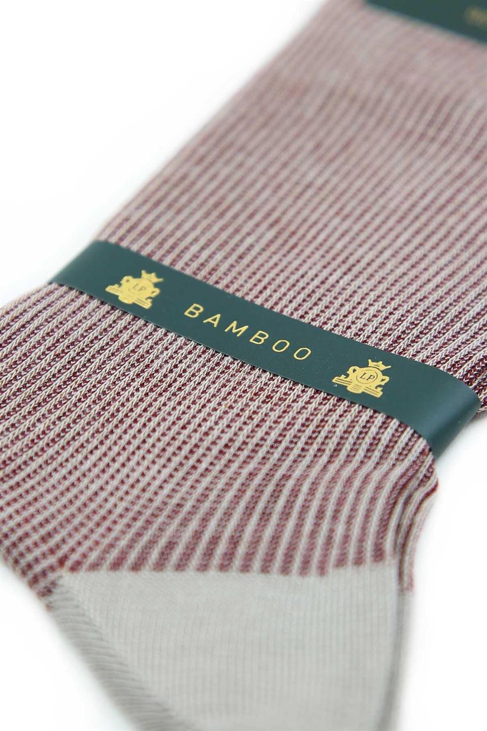 Bej - Bordo Çizgi Desen Ultra Lüks Bambu Tekli Erkek Çorap CRP304