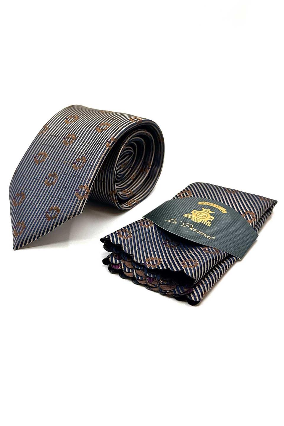 Bej Çiçek Desen Mendilli Klasik Kravat KK13023