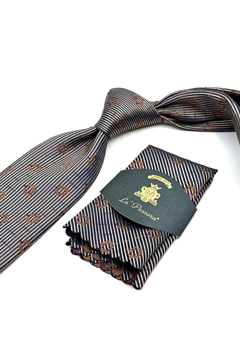 Bej Çiçek Desen Mendilli Klasik Kravat KK13023