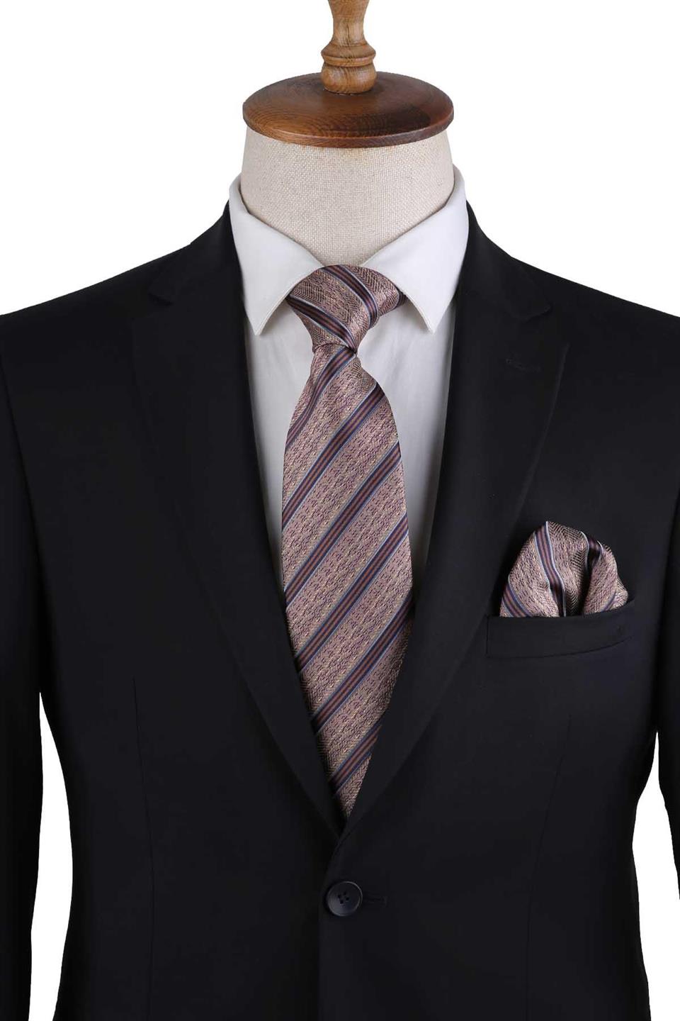 Bej Çizgi Desen Mendilli Klasik Kravat KK13195