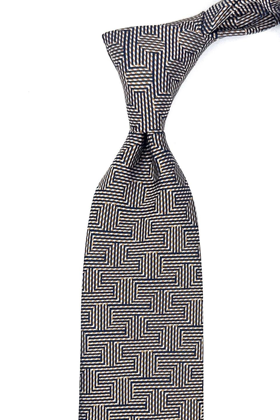 Bej Çizgi Desen Mendilli Klasik Kravat KK11868