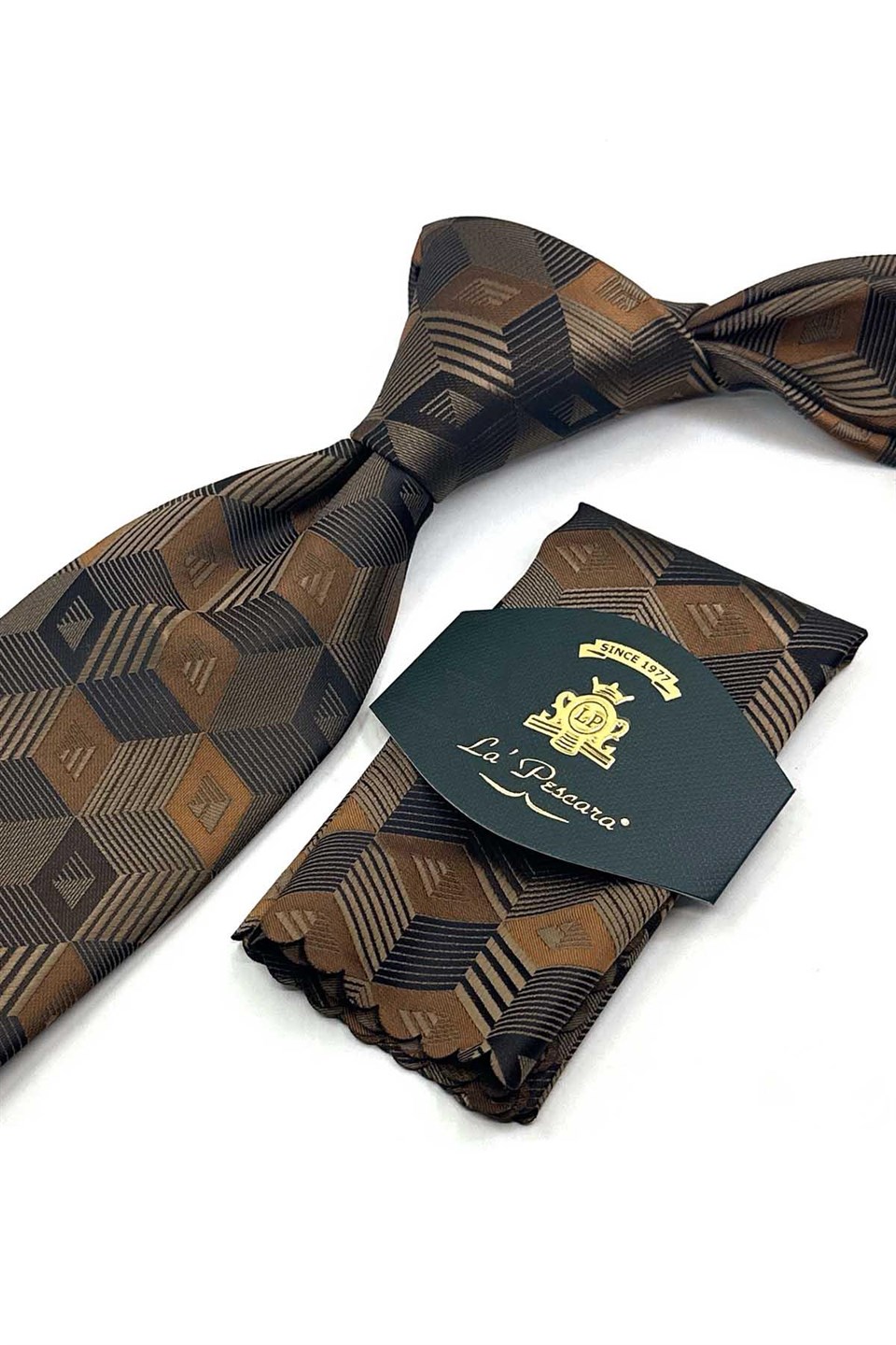 Bej Gold Motif Desen Mendilli Klasik Kravat KK13787
