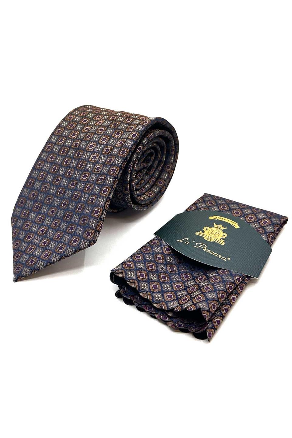 Bej - Gri Küçük Desen Mendilli Klasik Kravat KK13026