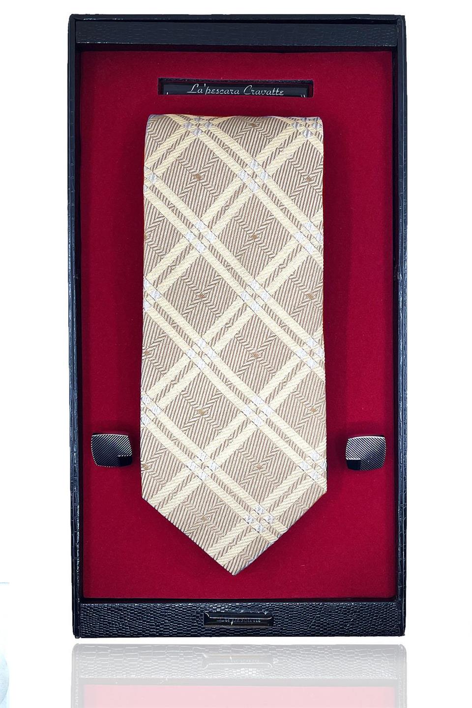 Bej İtalyan İpek Kravat Çelik Kol Düğmesi Erkek Hediye Seti SKS07