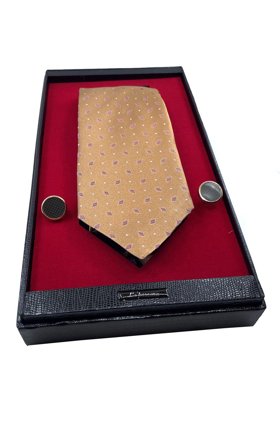 Bej İtalyan İpek Kravat Çelik Kol Düğmesi Erkek Hediye Seti SKS03