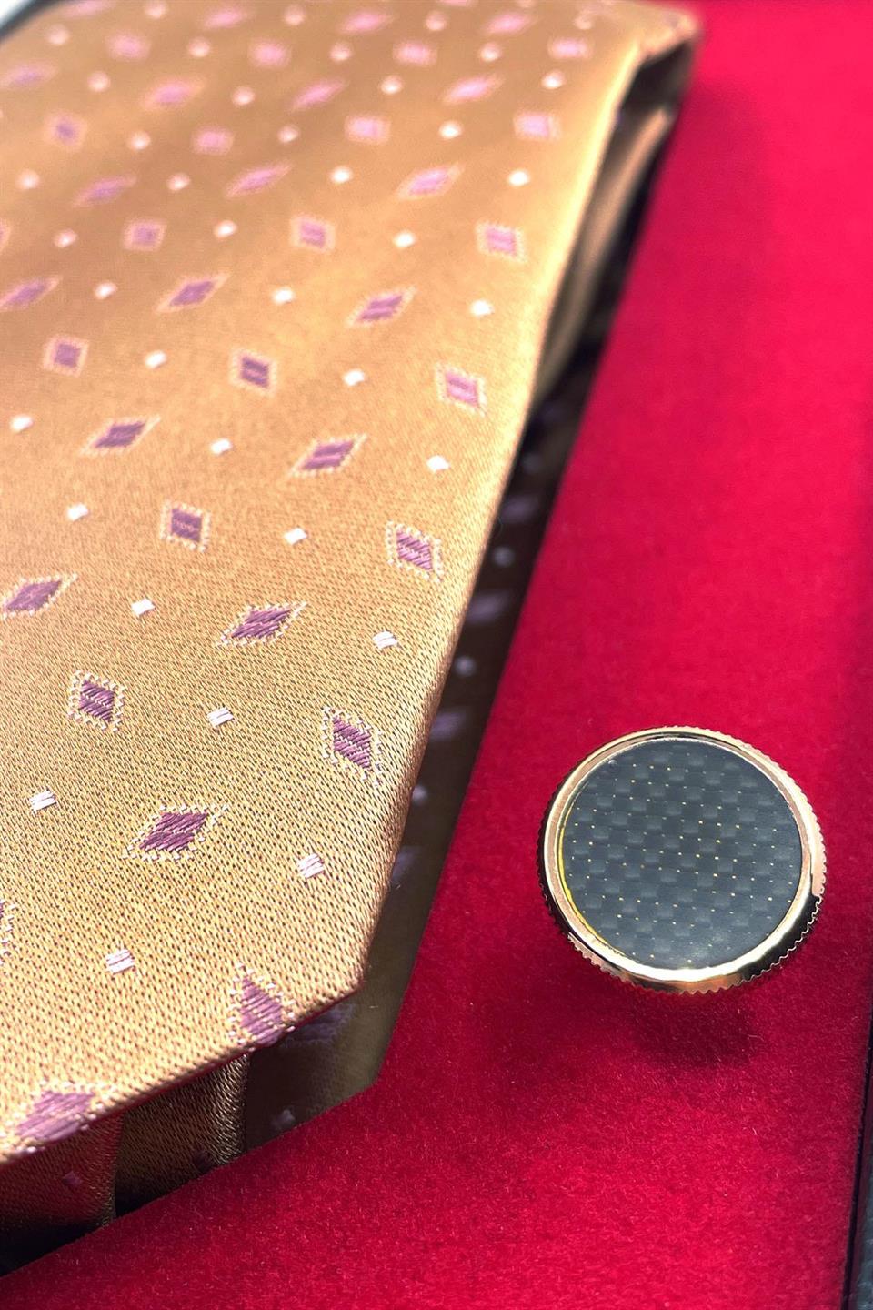 Bej İtalyan İpek Kravat Çelik Kol Düğmesi Erkek Hediye Seti SKS03