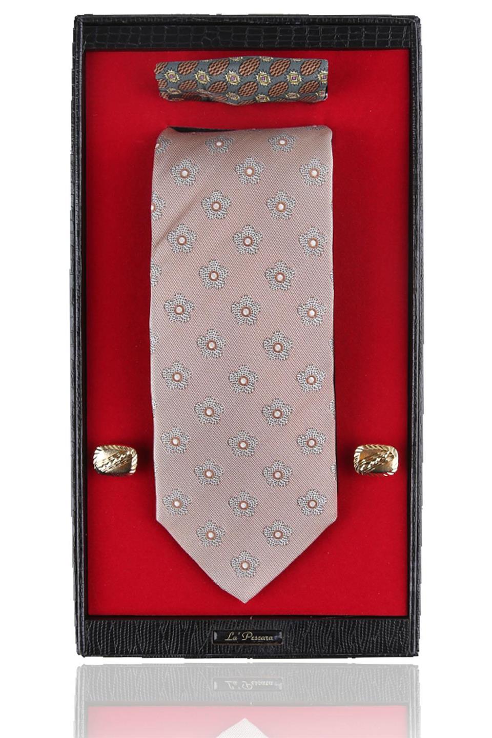 Bej İtalyan İpek Kravat Mendil Kol Düğmesi Sevgililer Günü Hediyesi SKS54