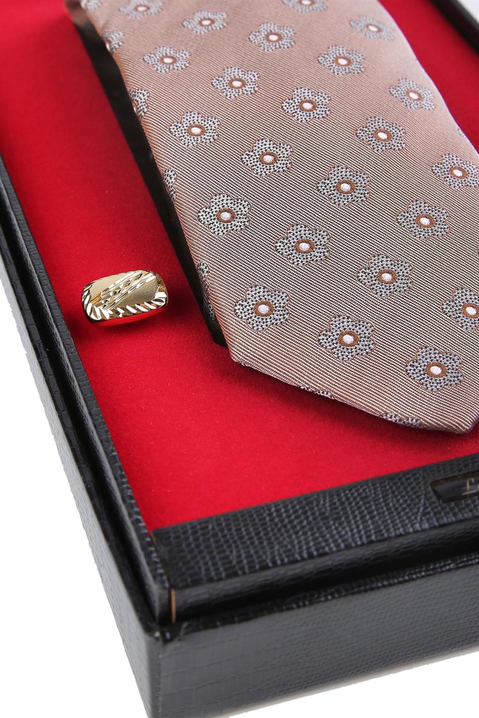 Bej İtalyan İpek Kravat Mendil Kol Düğmesi Sevgililer Günü Hediyesi SKS54