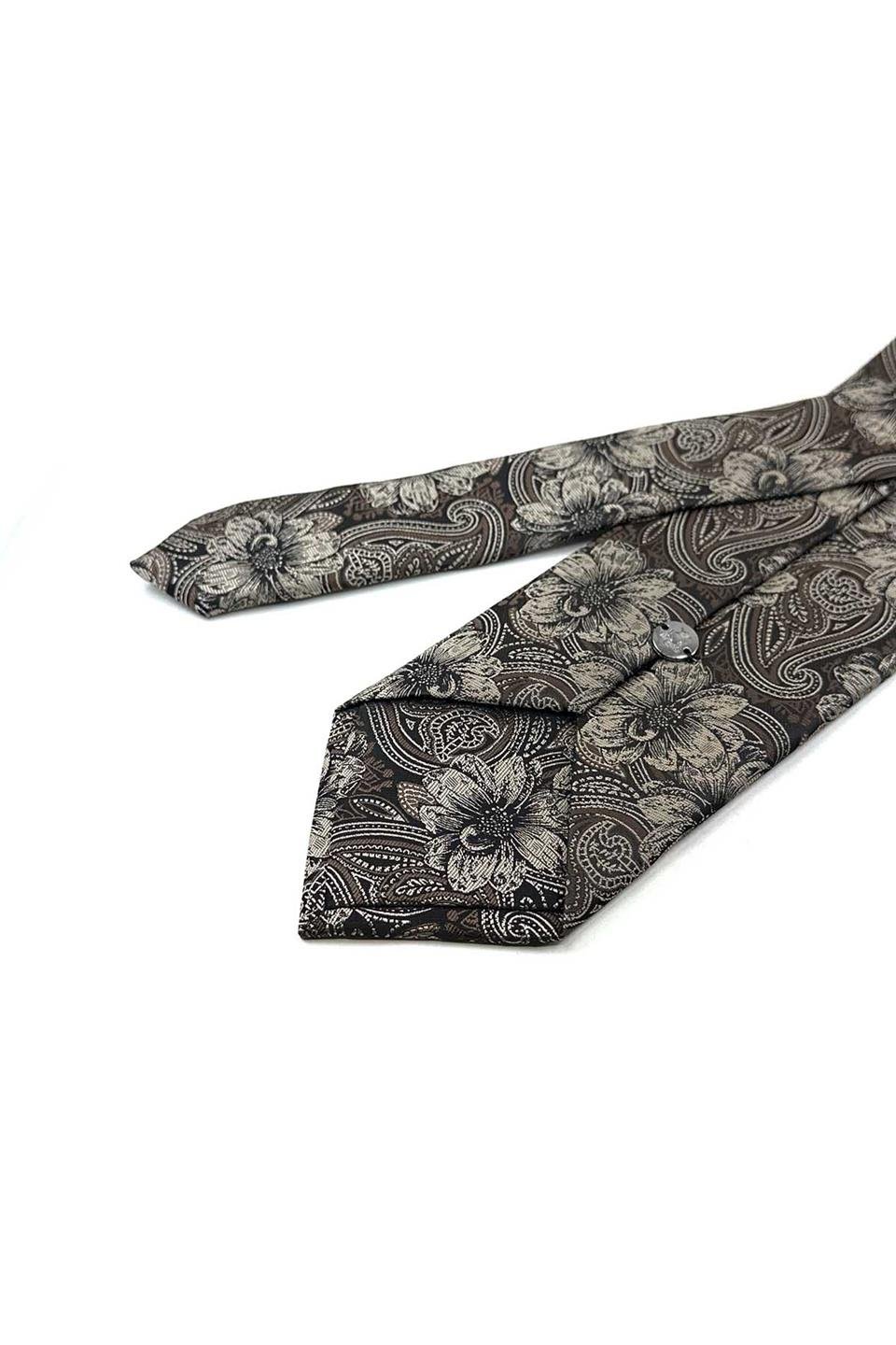 Bej - Kahve Çiçek Desen Mendilli Klasik Kravat KK12949