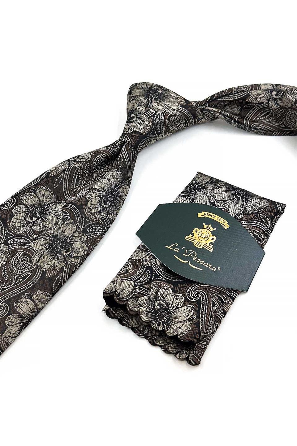 Bej - Kahve Çiçek Desen Mendilli Klasik Kravat KK12949