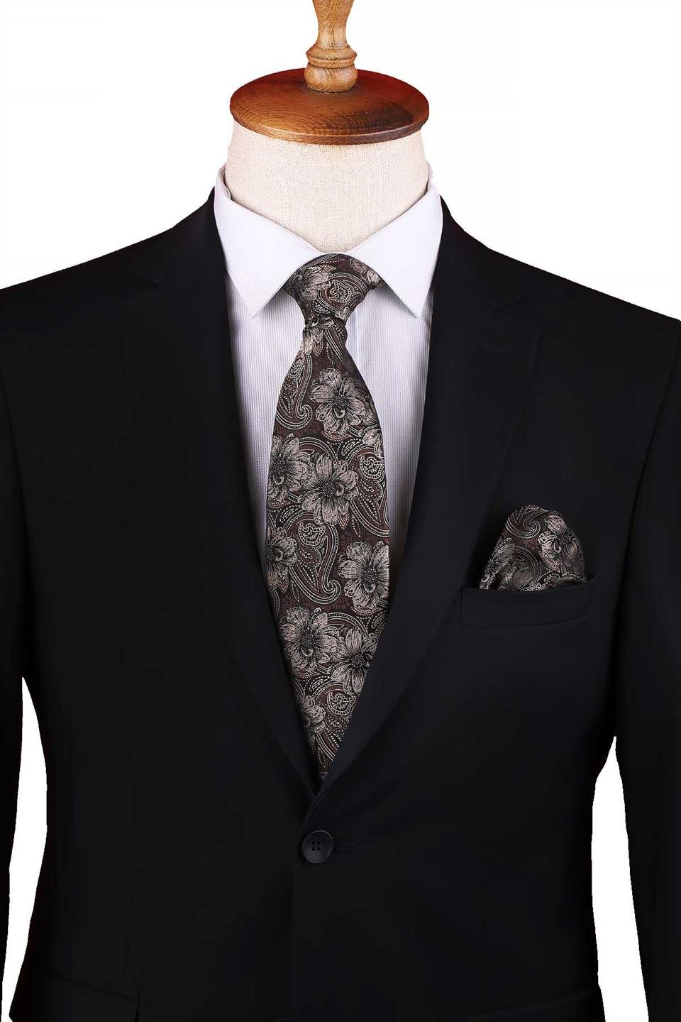 Bej - Kahve Çiçek Desen Mendilli Klasik Kravat KK12949