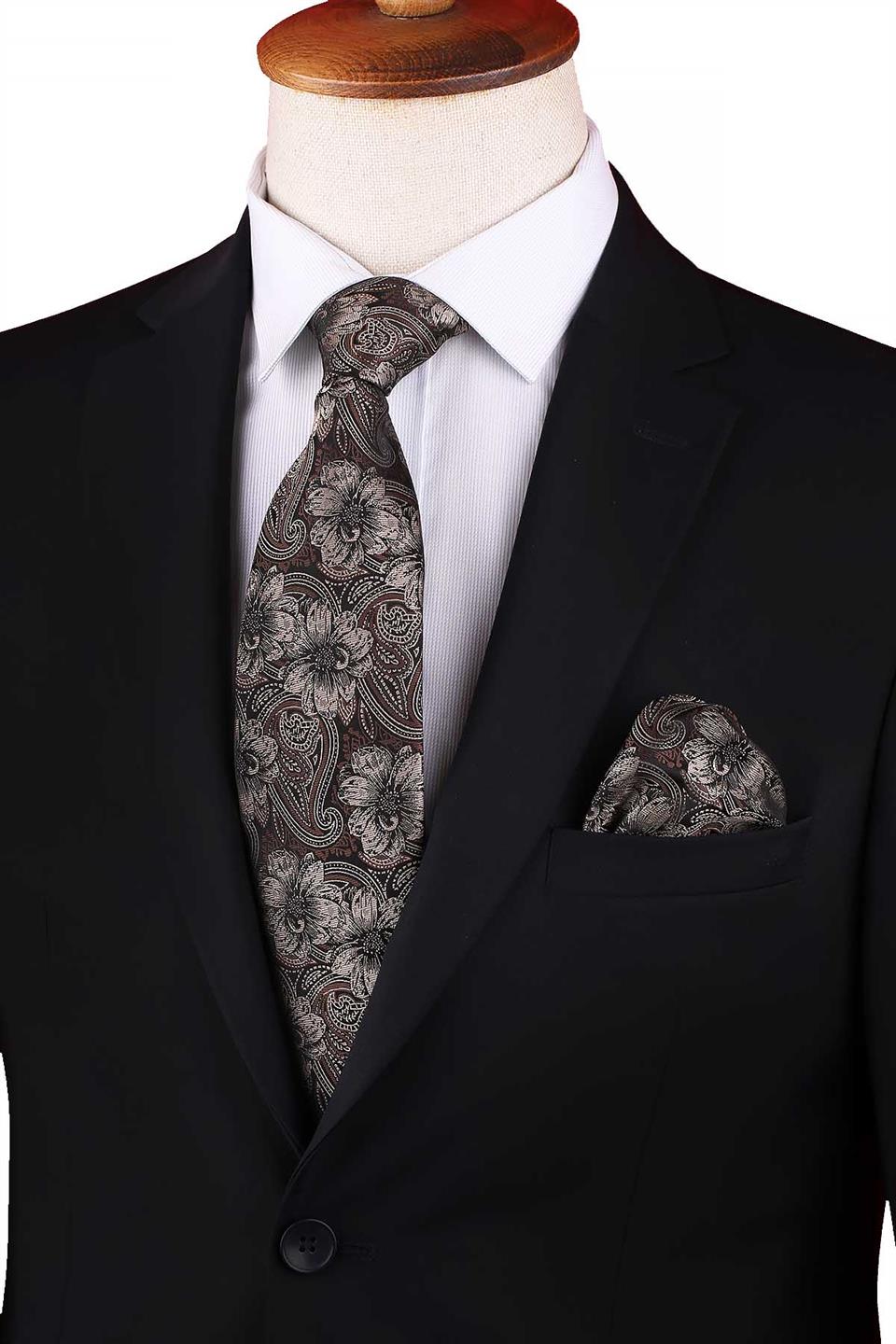 Bej - Kahve Çiçek Desen Mendilli Klasik Kravat KK12949