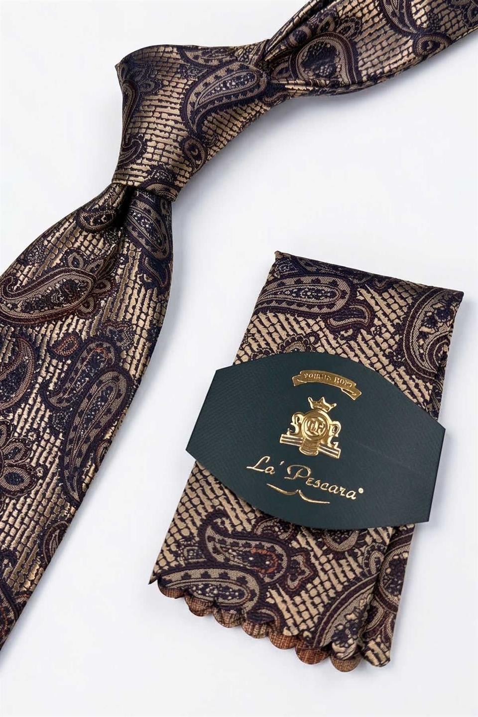 Bej - Kahve Şal Desen Mendilli Klasik Kravat KK13301