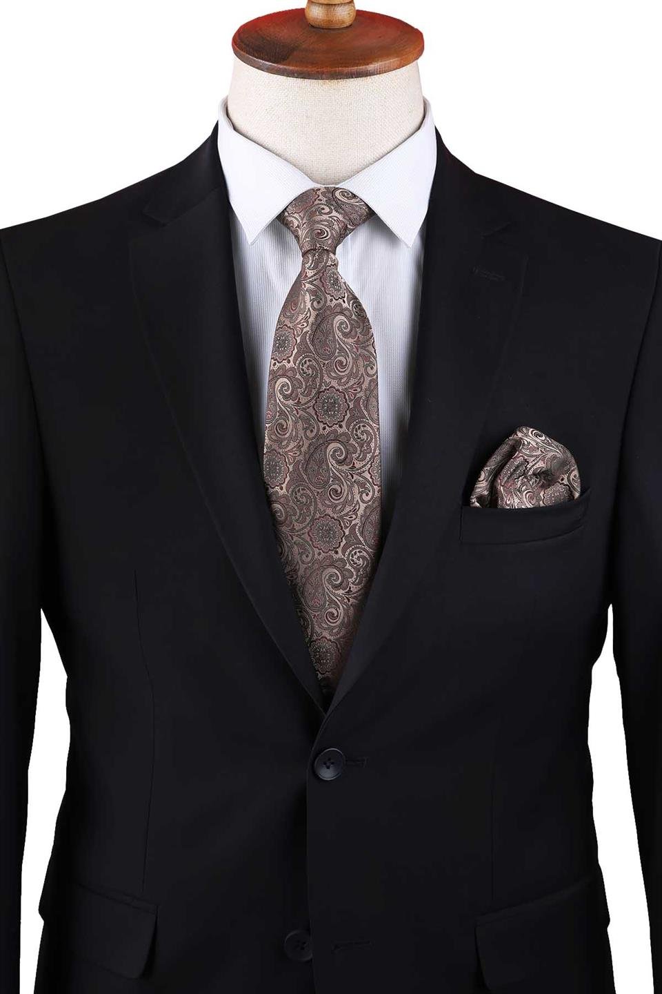 Bej - Kahve Şal Desen Mendilli Klasik Kravat KK13301