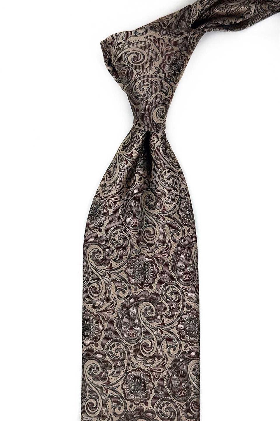 Bej - Kahve Şal Desen Mendilli Klasik Kravat KK13301