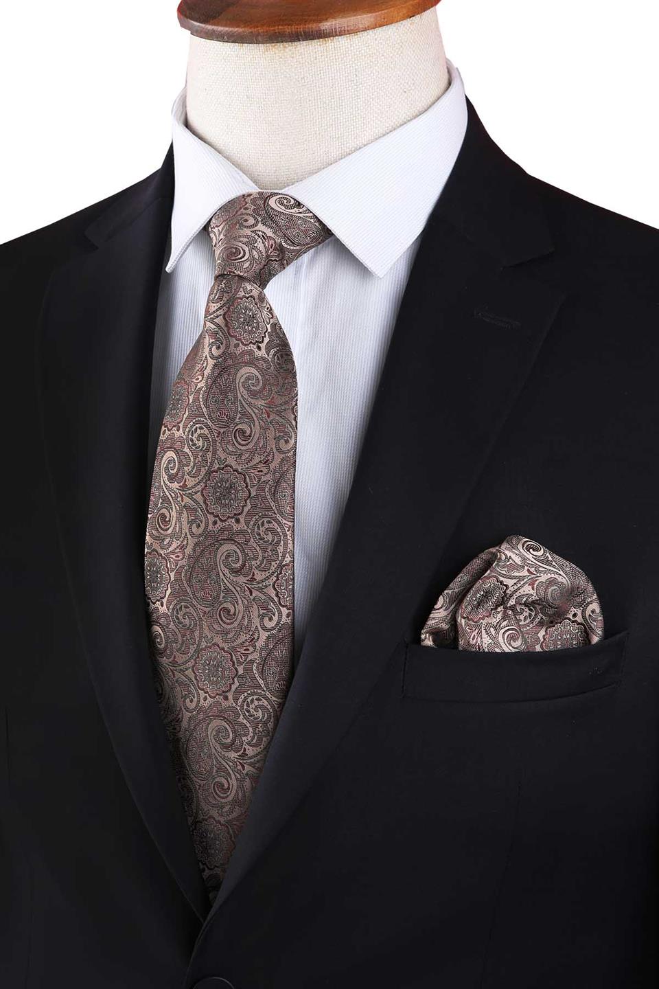 Bej - Kahve Şal Desen Mendilli Klasik Kravat KK13301
