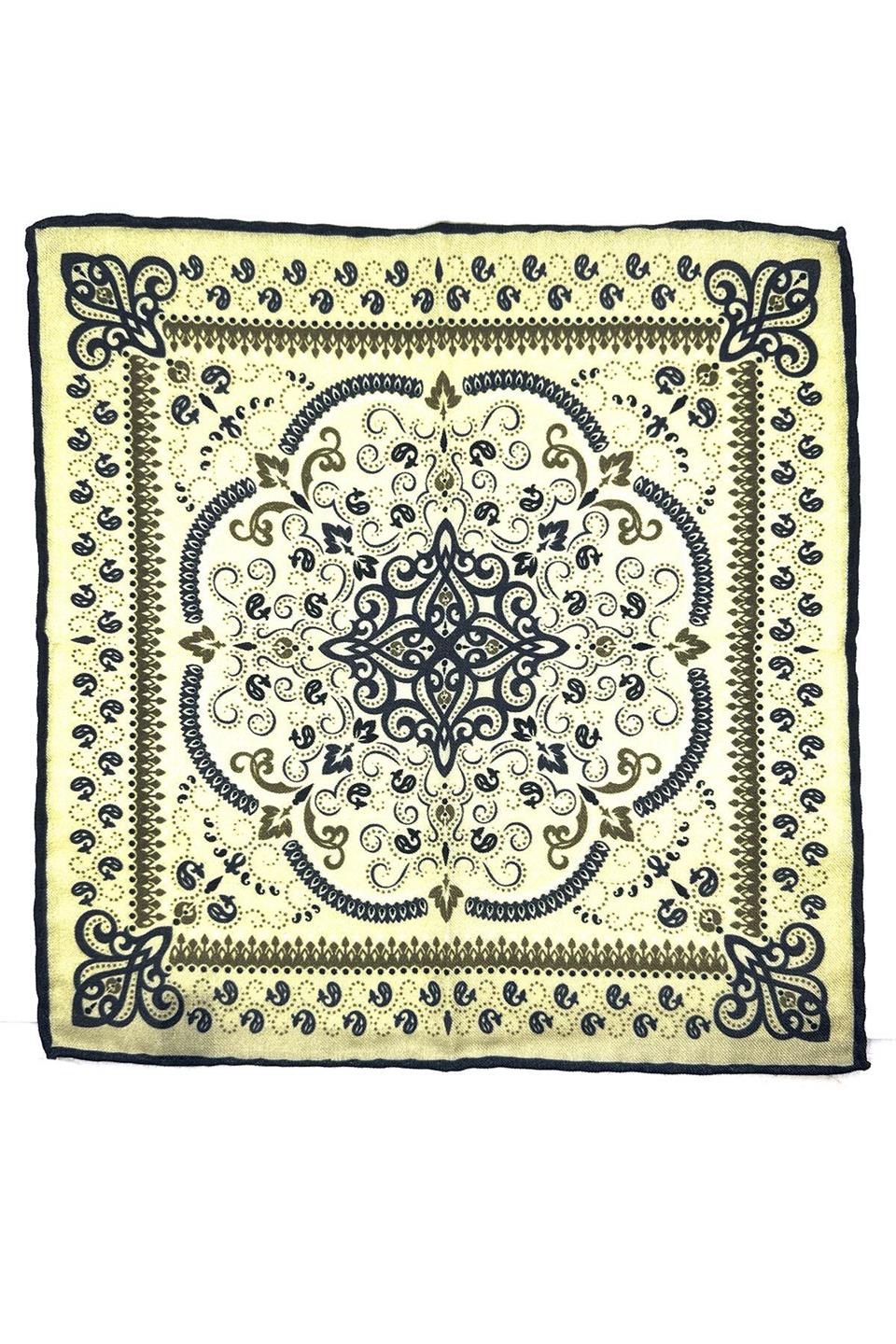 Bej - Lacivert El Dikişi İtalyan Yün Cep Mendili WL07