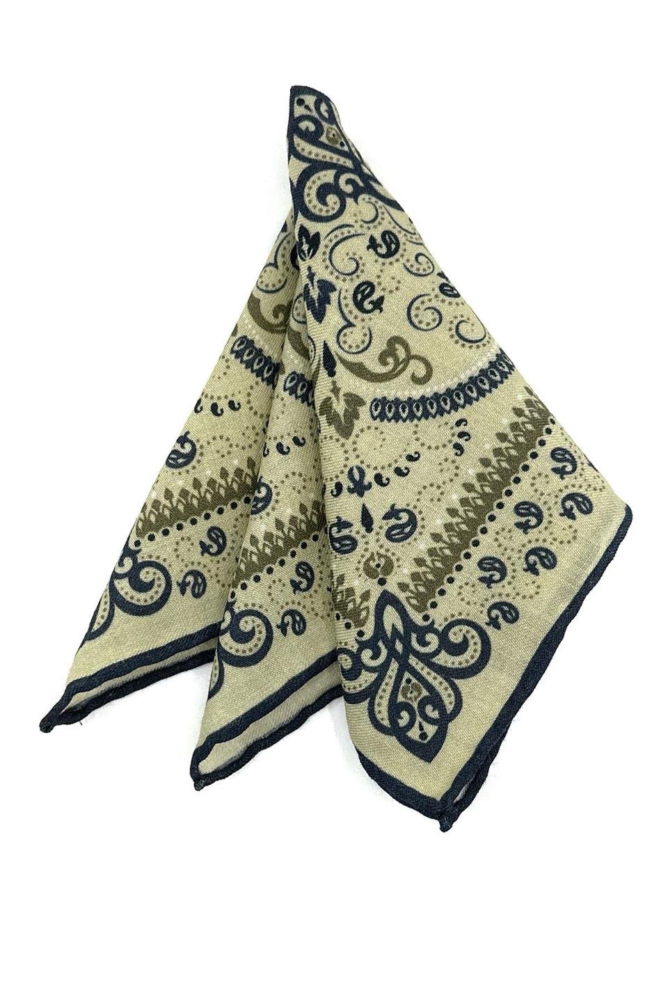 Bej - Lacivert El Dikişi İtalyan Yün Cep Mendili WL07