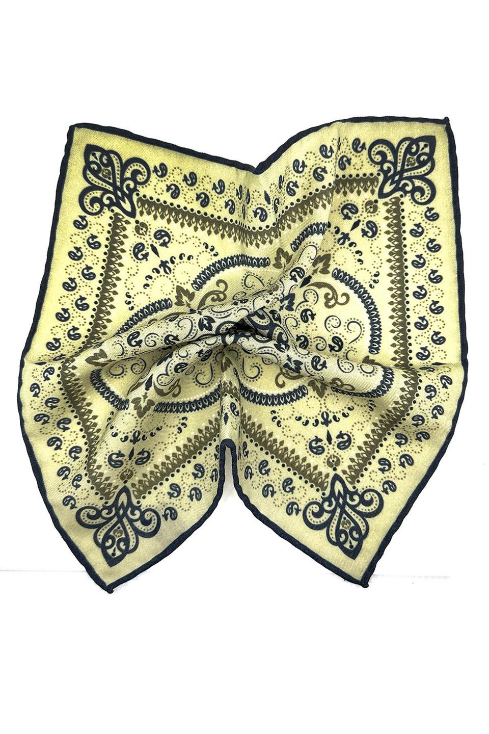 Bej - Lacivert El Dikişi İtalyan Yün Cep Mendili WL07