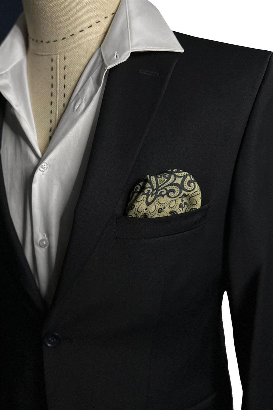 Bej - Lacivert El Dikişi İtalyan Yün Cep Mendili WL07