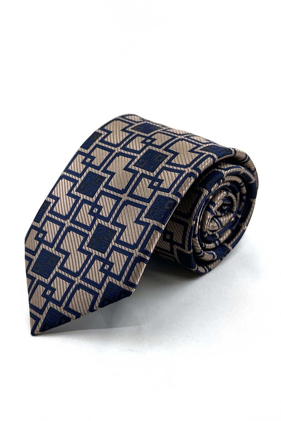 Bej Lacivert Kare Desen Mendilli Klasik Kravat KK13895