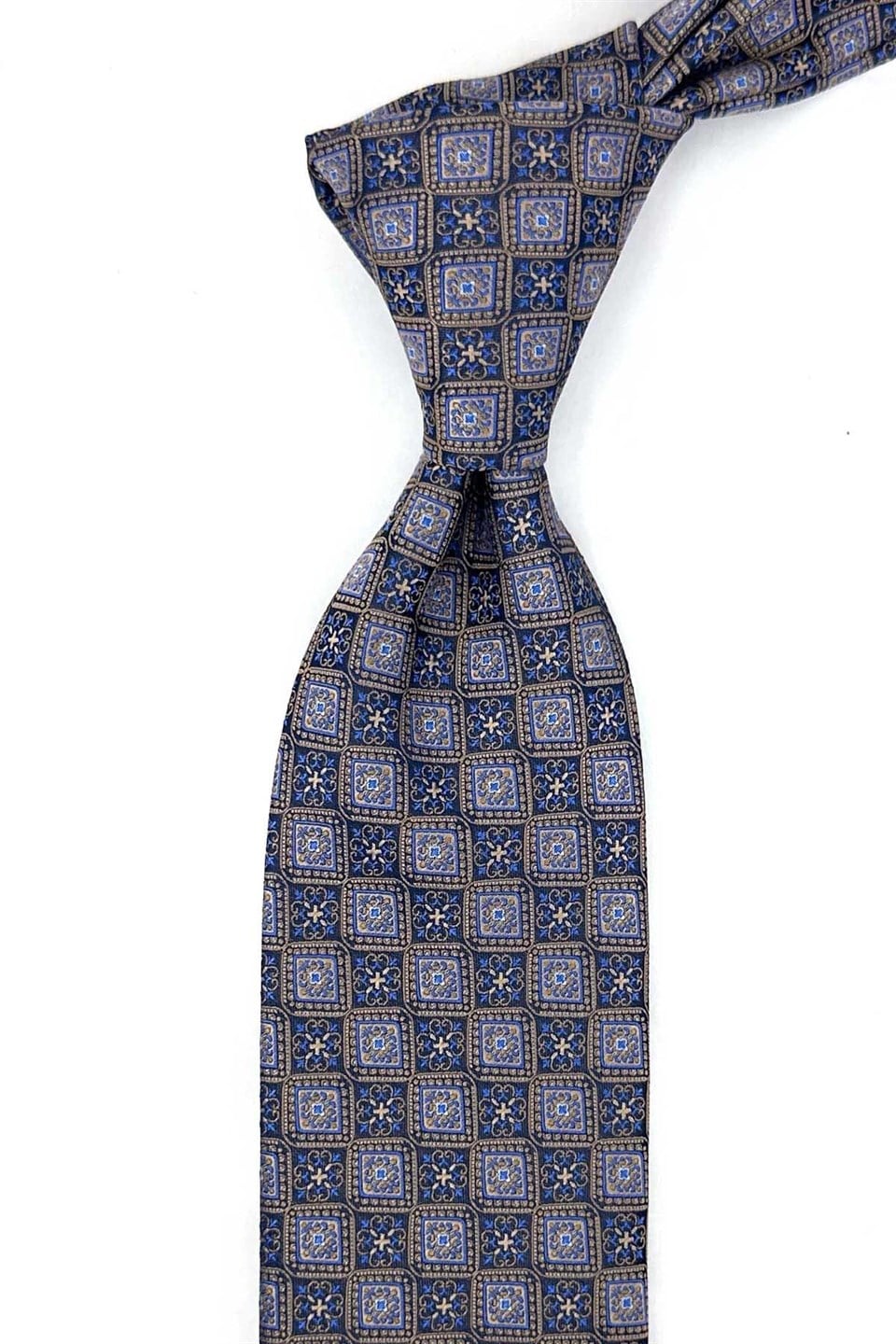 Bej Lacivert Motif Desen Mendilli Klasik Kravat KK13898