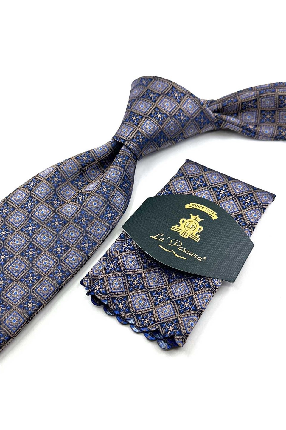 Bej Lacivert Motif Desen Mendilli Klasik Kravat KK13898