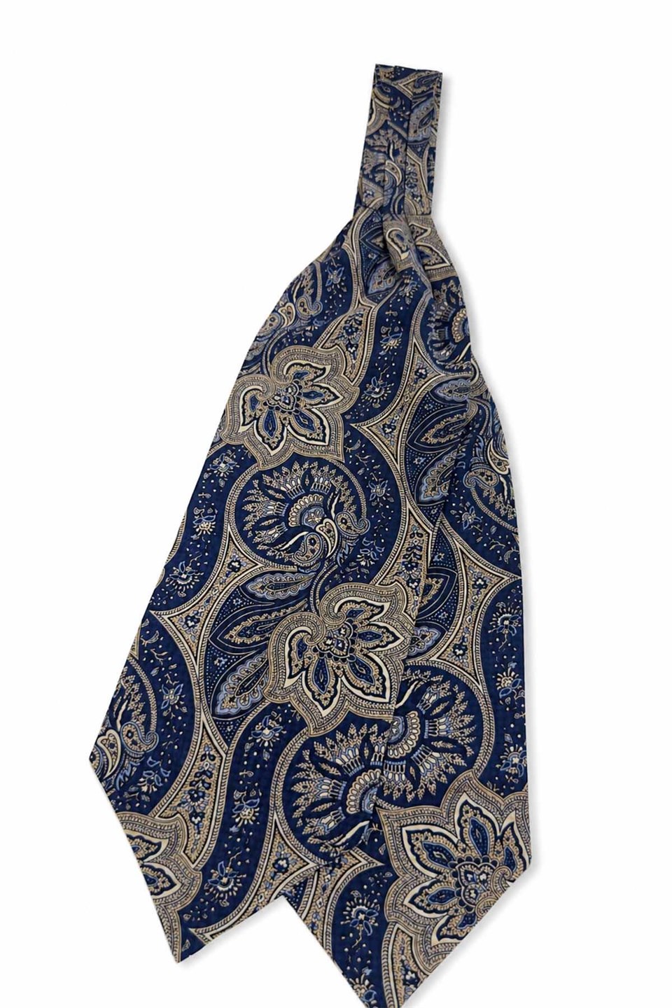 Bej Lacivert Şal Desen İtalyan İpek Ascot Kravat SAC120