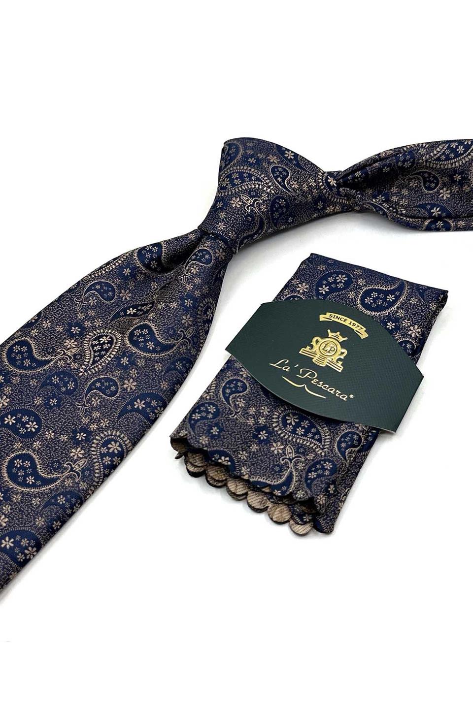 Bej - Lacivert Şal Desen Mendilli Klasik Kravat KK13521