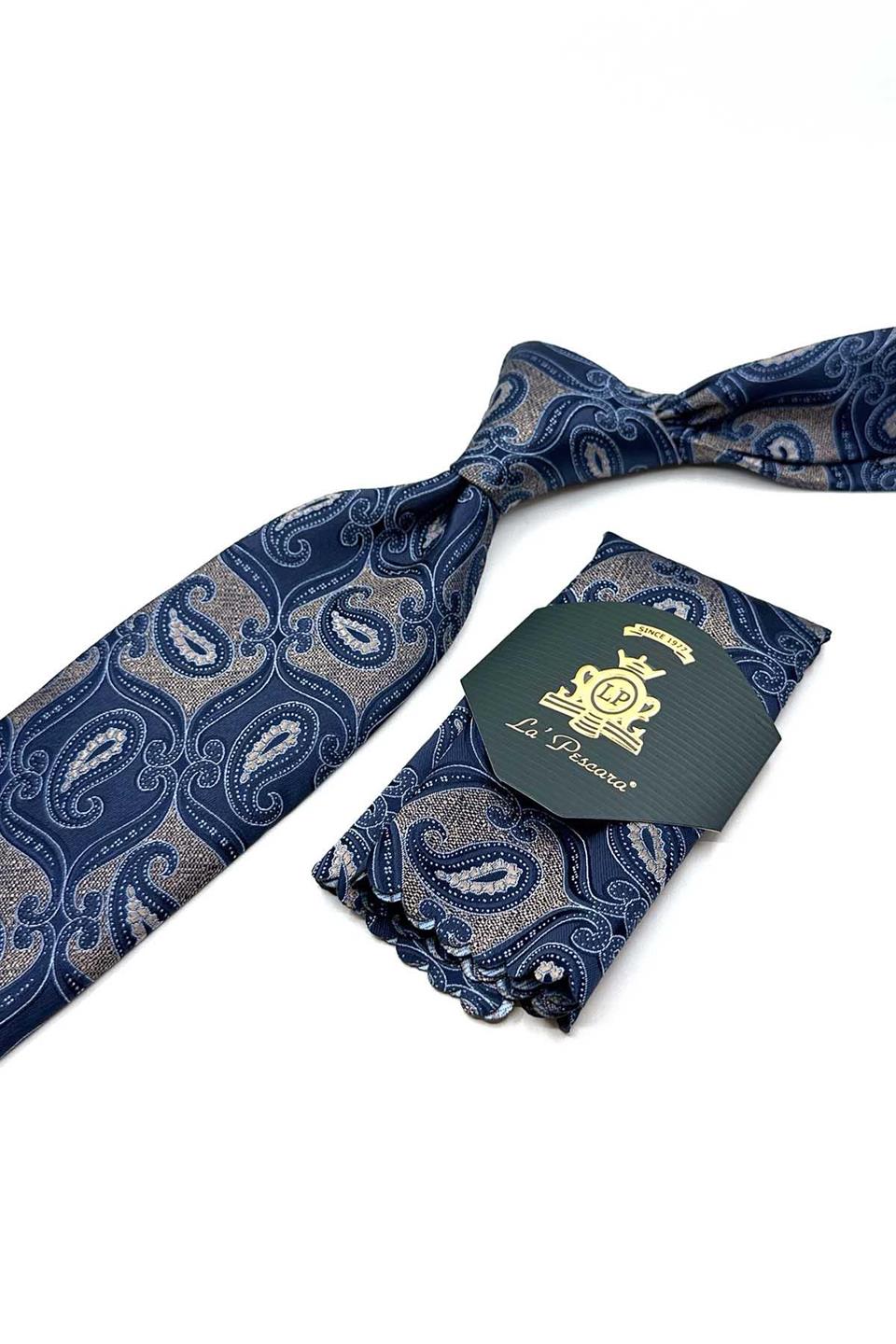 Bej - Lacivert Şal Desen Mendilli Klasik Kravat KK12889