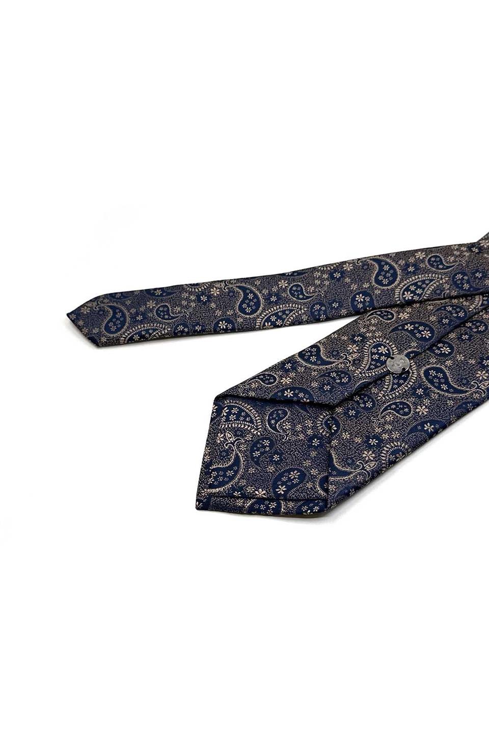 Bej - Lacivert Şal Desen Mendilli Klasik Kravat KK13521