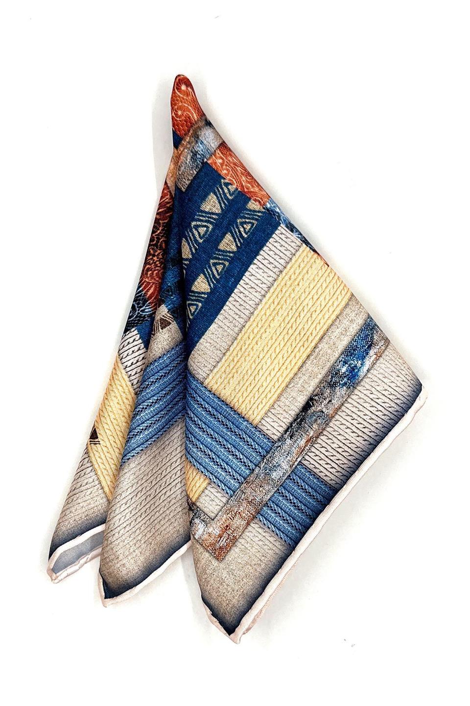 Bej - Mavi Motif Desen Erkek Cep Mendili SPS582-77