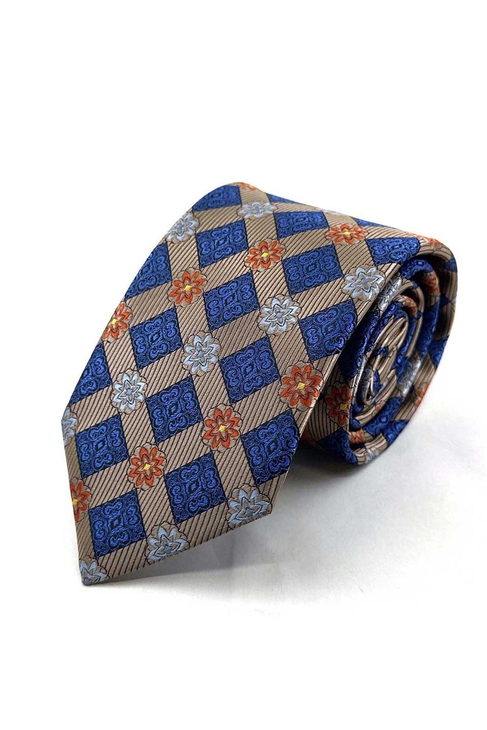 Bej Mavi Motif Desen Mendilli Klasik Kravat KK13939