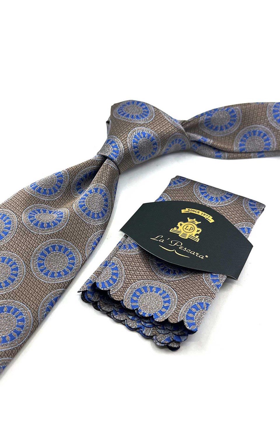 Bej Mavi Motif Desen Mendilli Klasik Kravat KK13973