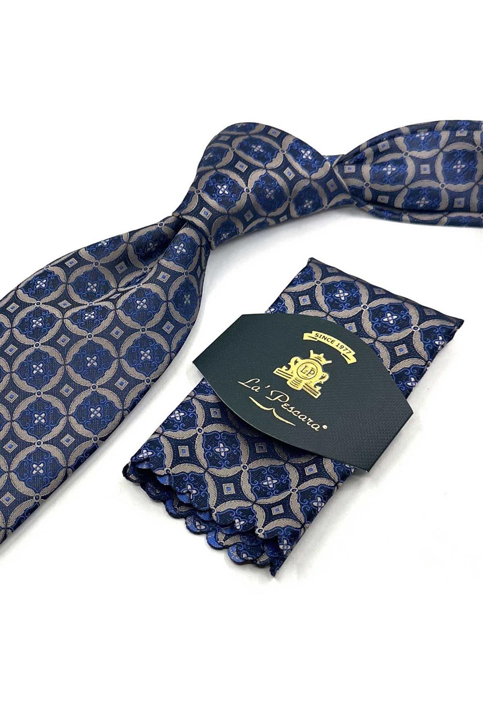 Bej Mavi Motif Desen Mendilli Klasik Kravat KK13761