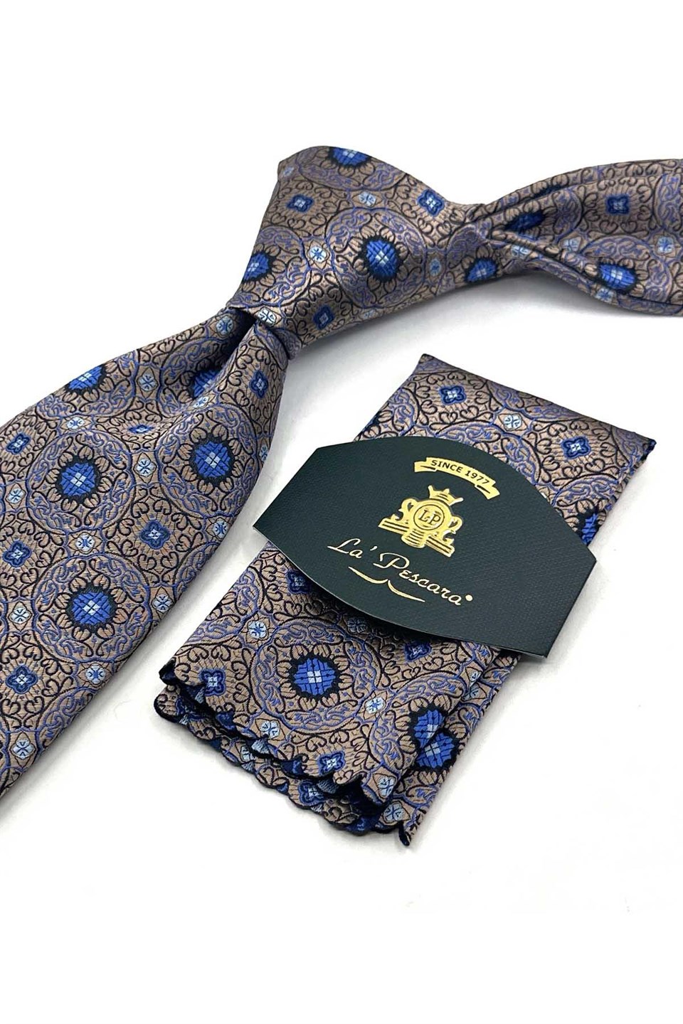 Bej Mavi Motif Desen Mendilli Klasik Kravat KK13754