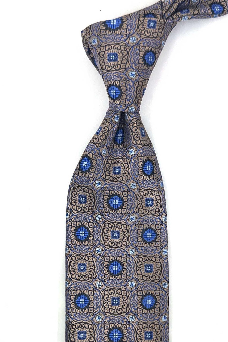 Bej Mavi Motif Desen Mendilli Klasik Kravat KK13754